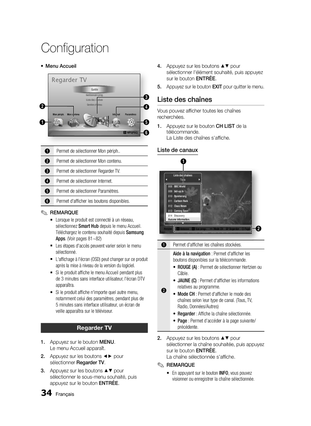 Samsung BD-D8500/XN, BD-D8500/EN, BD-D8200/EN, BD-D8200/XN, BD-D8200/ZF manual Liste des chaînes, Regarder TV, Liste de canaux 