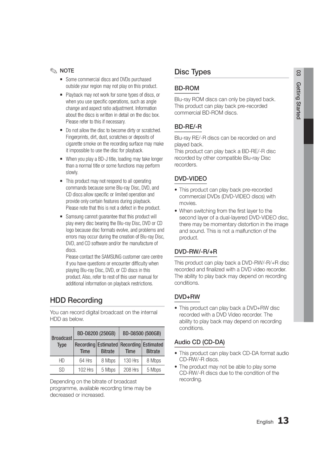 Samsung BD-D8500/XN, BD-D8500/EN, BD-D8200/EN, BD-D8200/XN manual HDD Recording, Disc Types, Audio CD CD-DA, Bitrate, Mbps 