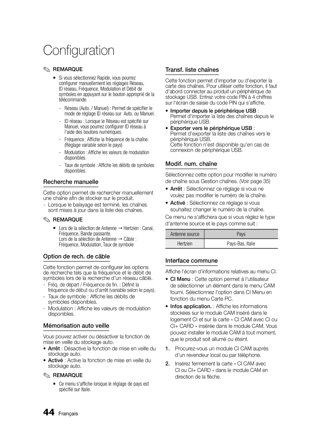 Samsung BD-D8500/ZF manual Recherche manuelle, Option de rech. de câble, Mémorisation auto veille, Transf. liste chaînes 