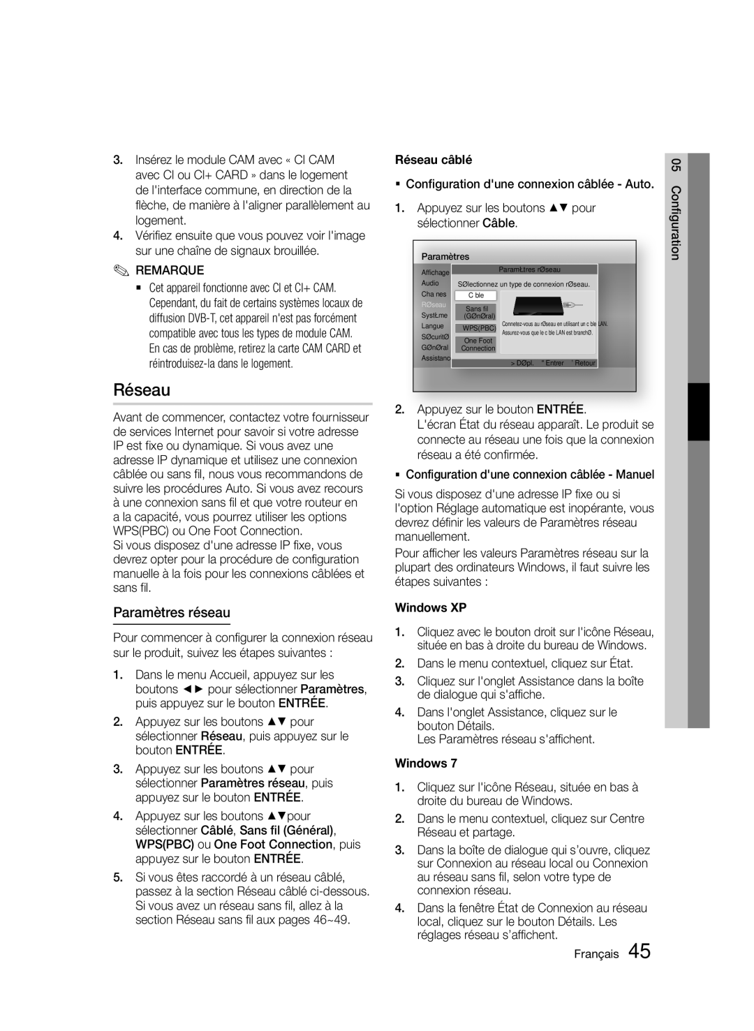 Samsung BD-D8500/EN, BD-D8500/XN, BD-D8200/EN Paramètres réseau, Réintroduisez-la dans le logement. `, Réseau câblé 