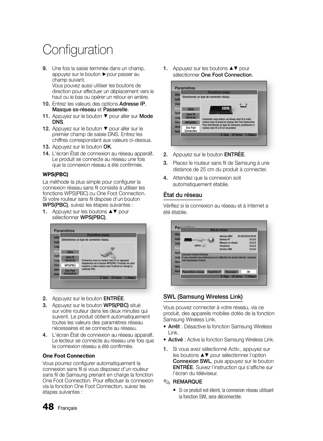 Samsung BD-D8200/XN, BD-D8500/EN, BD-D8500/XN, BD-D8200/EN, BD-D8200/ZF, BD-D8500/ZF État du réseau, SWL Samsung Wireless Link 