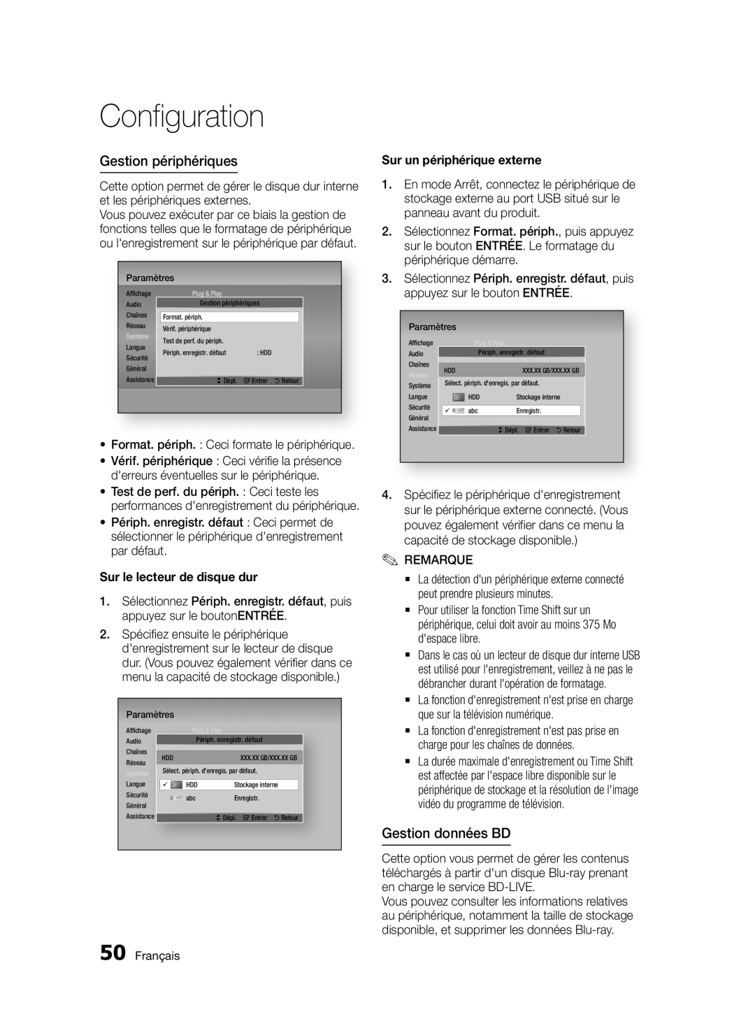 Samsung BD-D8500/ZF, BD-D8500/EN Gestion périphériques, Gestion données BD, Format. périph. Ceci formate le périphérique 