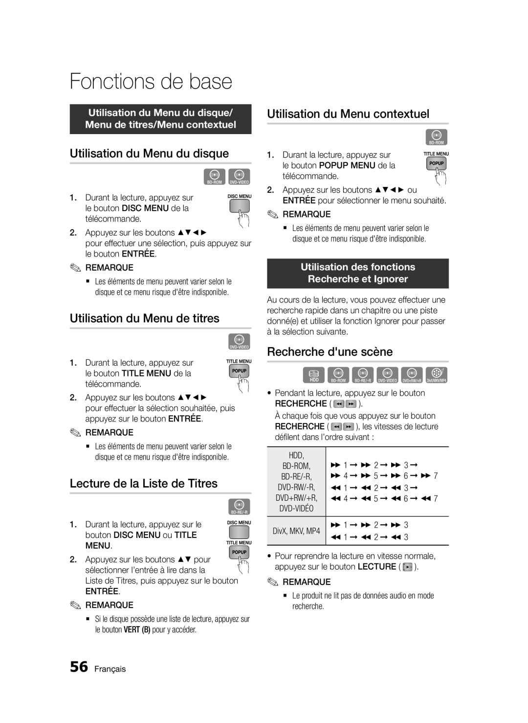 Samsung BD-D8500/ZF manual Utilisation du Menu du disque, Utilisation du Menu de titres, Lecture de la Liste de Titres 