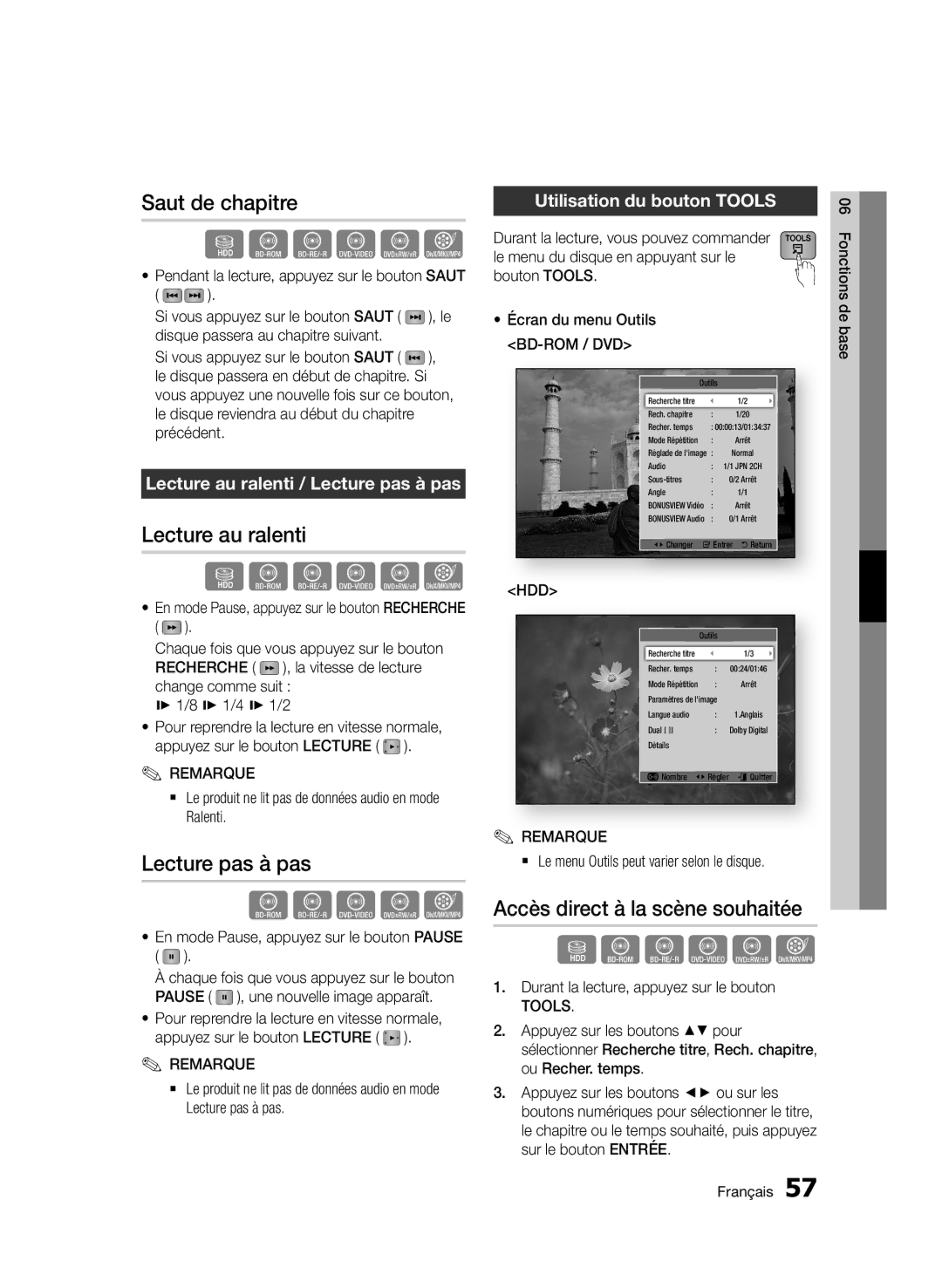 Samsung BD-D8500/EN manual Saut de chapitre, Lecture au ralenti, Lecture pas à pas, Accès direct à la scène souhaitée 