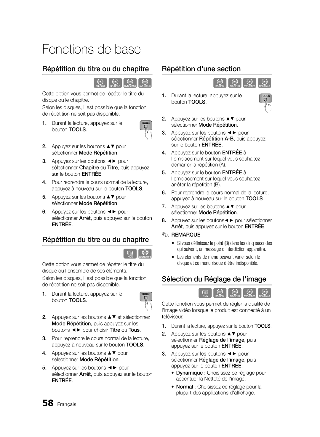 Samsung BD-D8500/XN manual Répétition du titre ou du chapitre, Répétition dune section, Sélection du Réglage de limage 