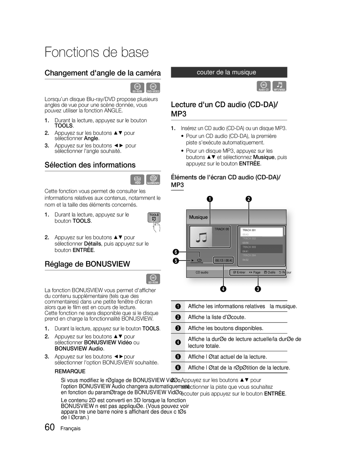 Samsung BD-D8200/XN, BD-D8500/EN manual Changement dangle de la caméra, Sélection des informations, Réglage de Bonusview 