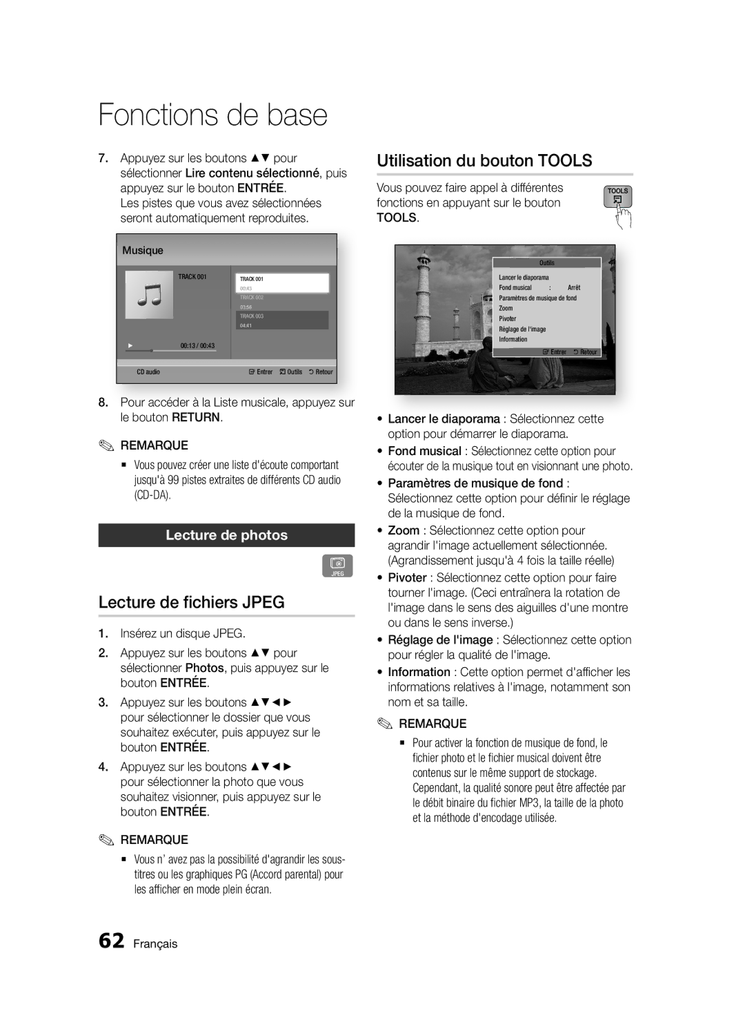 Samsung BD-D8500/ZF, BD-D8500/EN, BD-D8500/XN manual Lecture de fichiers Jpeg, Utilisation du bouton TOOLS, Lecture de photos 