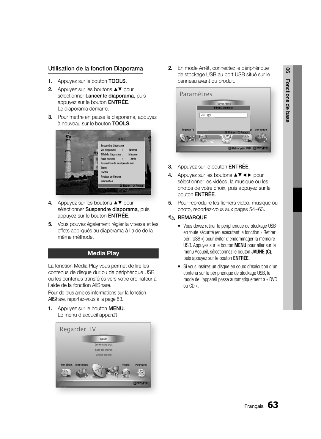 Samsung BD-D8500/EN manual Utilisation de la fonction Diaporama, En mode Arrêt, connectez le périphérique, Fonctions, Base 