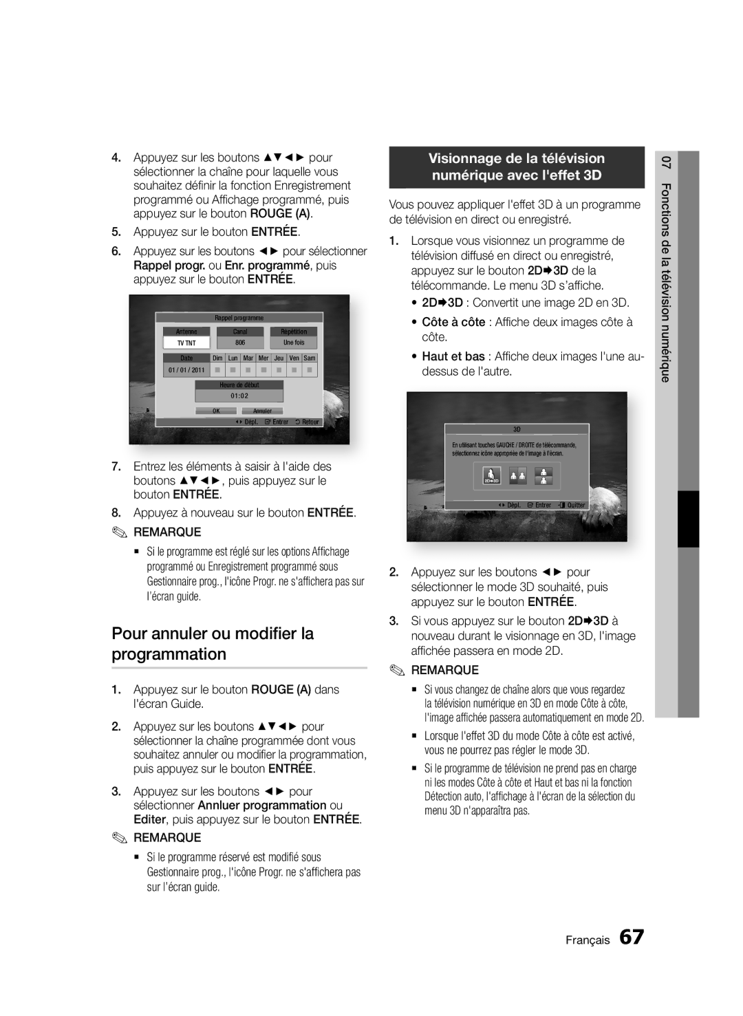 Samsung BD-D8200/ZF manual Pour annuler ou modifier la programmation, Visionnage de la télévision numérique avec leffet 3D 