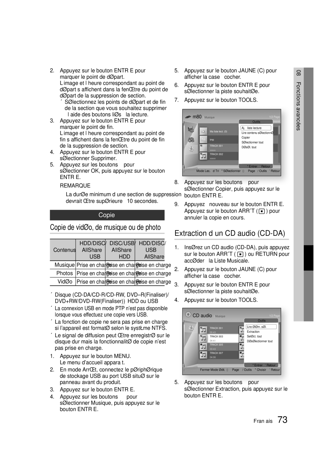 Samsung BD-D8200/ZF manual Extraction d’un CD audio CD-DA, Copie, Appuyez sur le bouton Entrée pour marquer le point de fin 