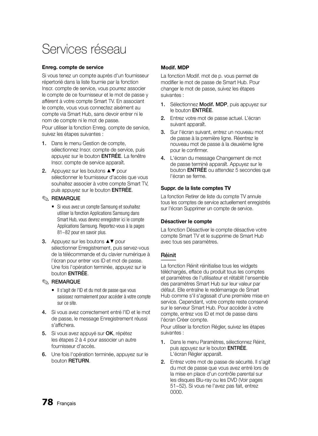 Samsung BD-D8200/XN Réinit, Enreg. compte de service, Modif. MDP, Suppr. de la liste comptes TV, Désactiver le compte 