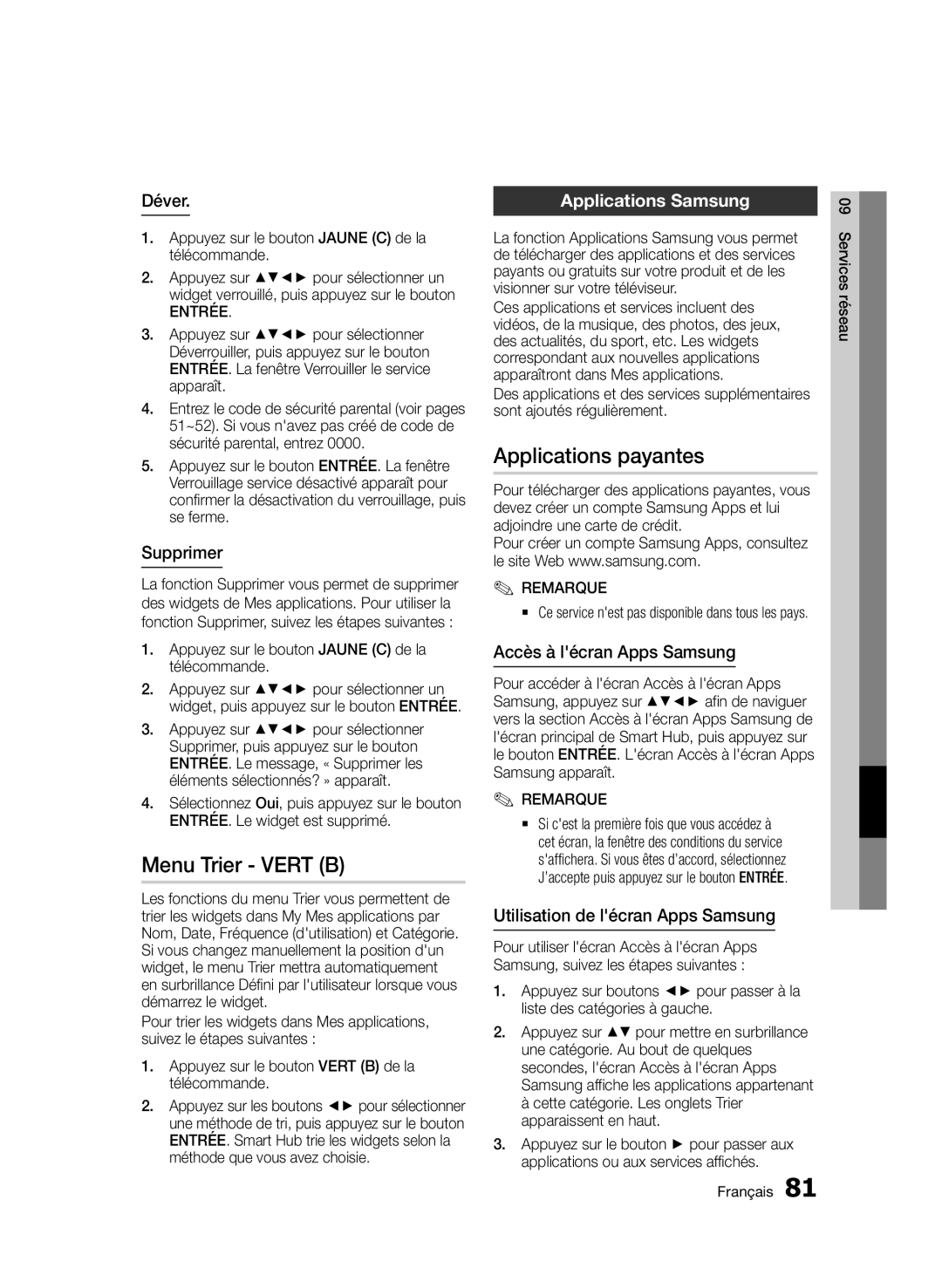 Samsung BD-D8500/EN, BD-D8500/XN, BD-D8200/EN, BD-D8200/XN Menu Trier Vert B, Applications payantes, Applications Samsung 