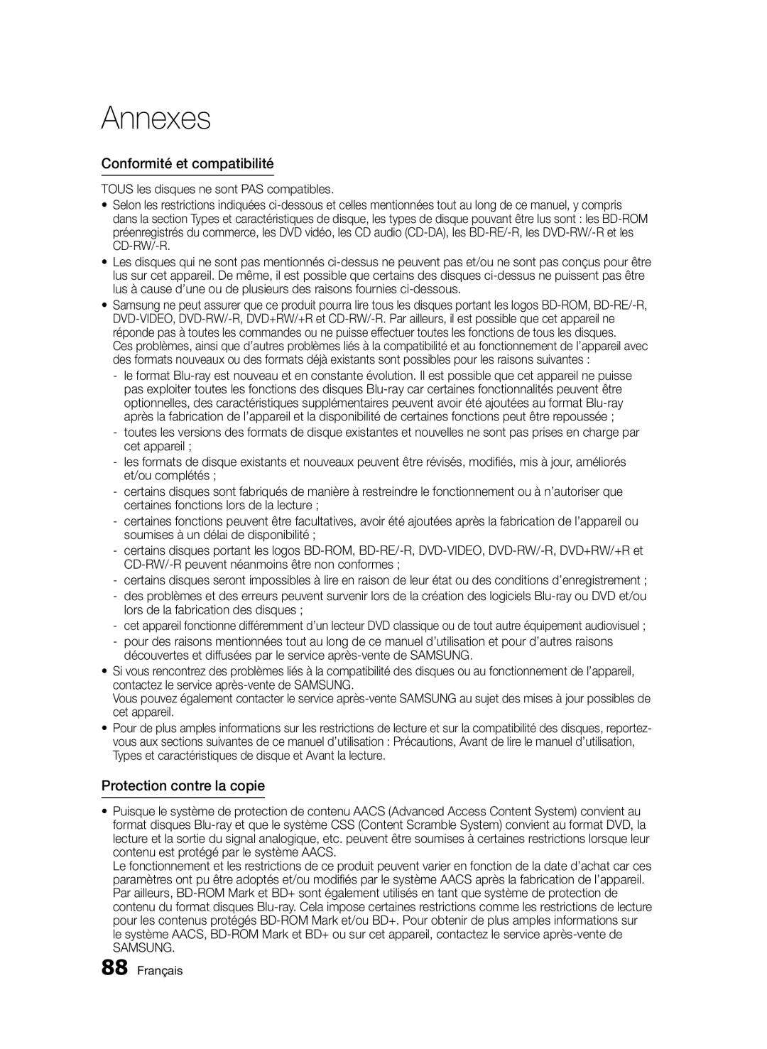 Samsung BD-D8500/XN Conformité et compatibilité, Protection contre la copie, Lors de la fabrication des disques, Samsung 