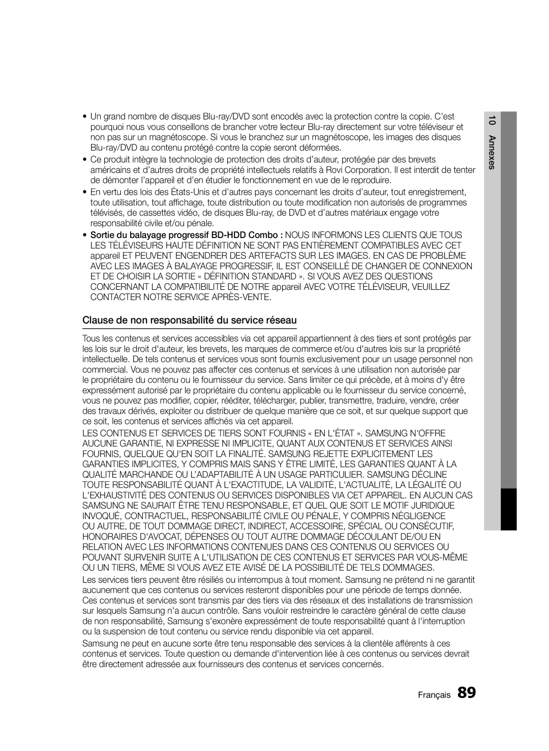 Samsung BD-D8200/EN, BD-D8500/EN, BD-D8500/XN, BD-D8200/XN, BD-D8200/ZF manual Clause de non responsabilité du service réseau 