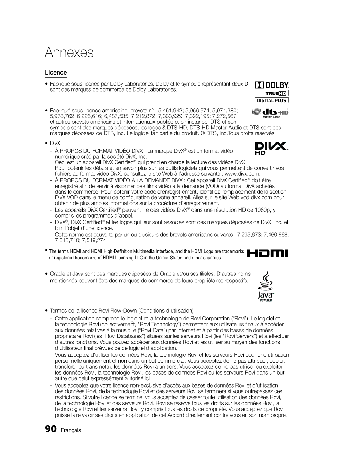 Samsung BD-D8200/XN, BD-D8500/EN, BD-D8500/XN manual Licence, Termes de la licence Rovi Flow-Down Conditions dutilisation 