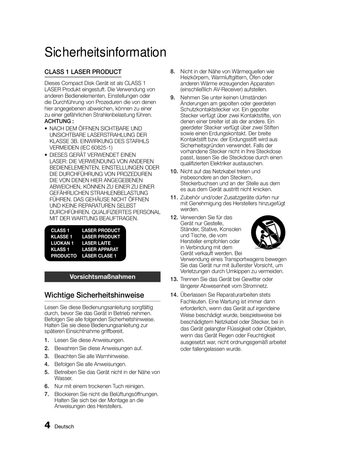 Samsung BD-D8500/ZF manual Wichtige Sicherheitshinweise, Vorsichtsmaßnahmen, Und Tische, die vom Hersteller empfohlen oder 