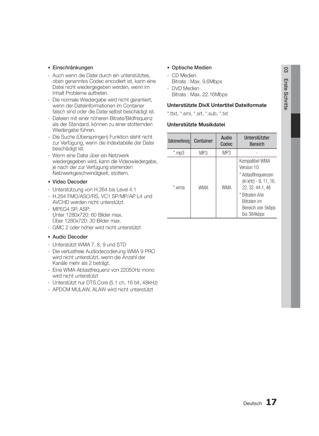 Samsung BD-D8500/EN, BD-D8500/XN, BD-D8200/EN, BD-D8200/XN, BD-D8200/ZF, BD-D8500/ZF manual Unterstützte Musikdatei 