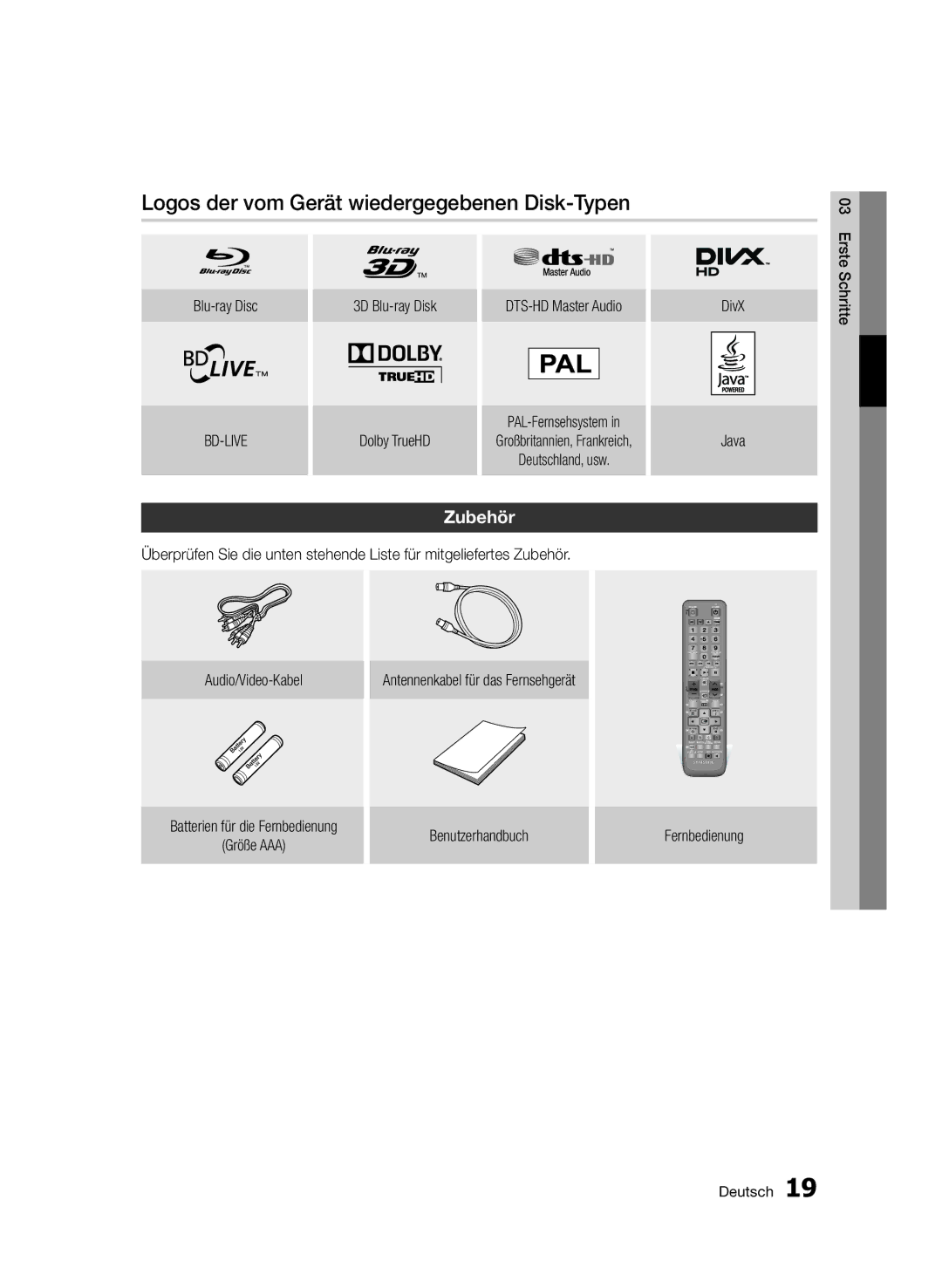 Samsung BD-D8200/EN, BD-D8500/EN, BD-D8500/XN manual Logos der vom Gerät wiedergegebenen Disk-Typen, Zubehör, Erste, Schritte 