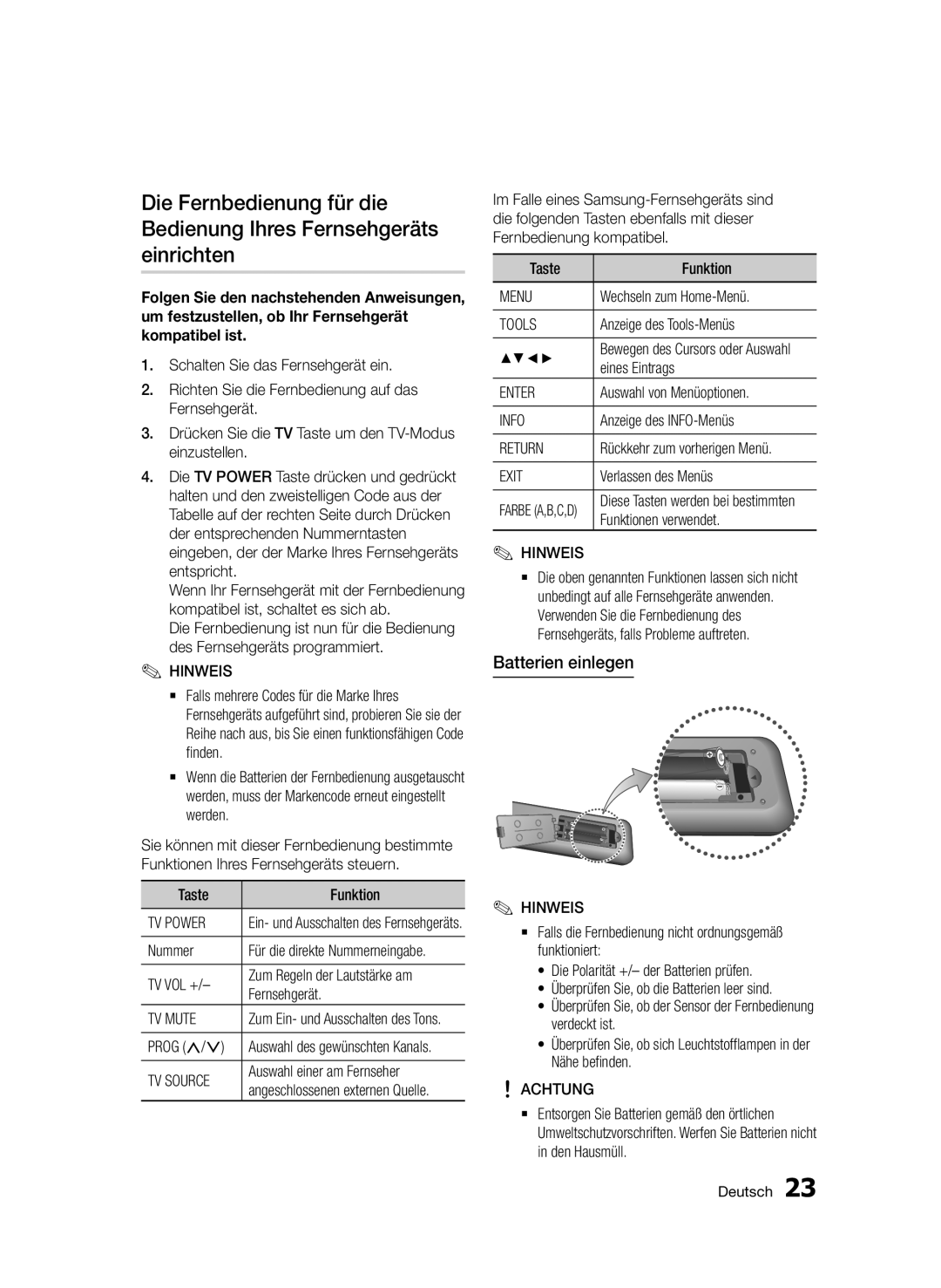 Samsung BD-D8500/EN, BD-D8500/XN, BD-D8200/EN, BD-D8200/XN, BD-D8200/ZF, BD-D8500/ZF manual Batterien einlegen, Achtung 