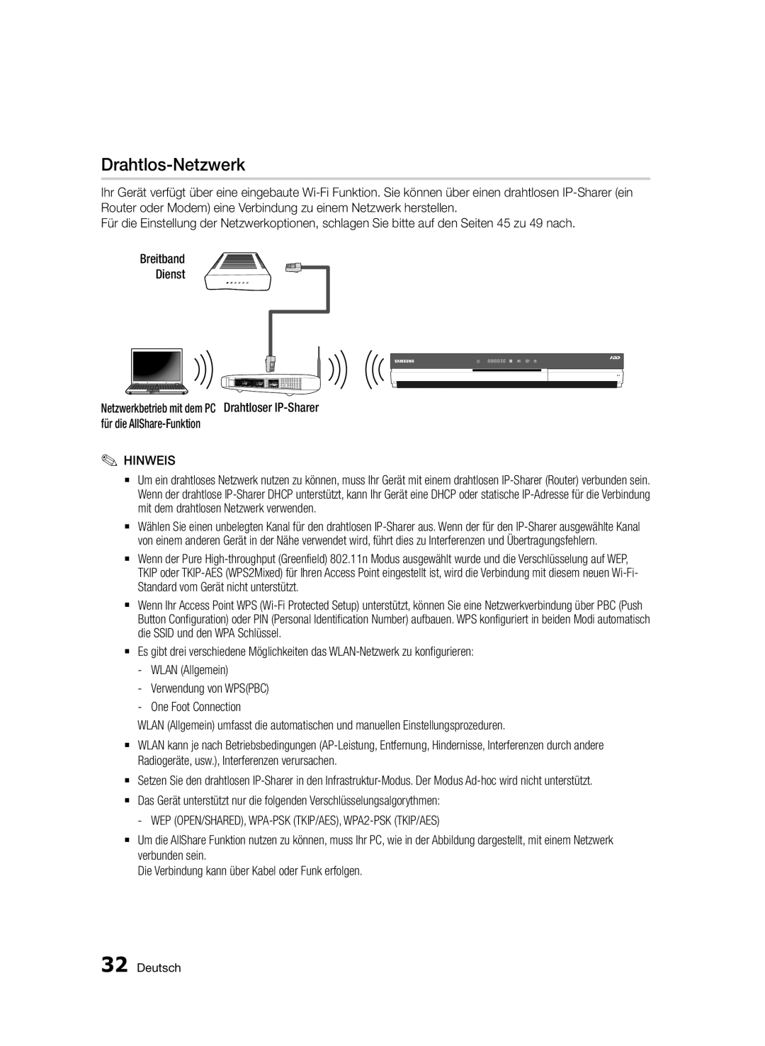 Samsung BD-D8200/XN, BD-D8500/EN, BD-D8500/XN manual Drahtlos-Netzwerk, WEP OPEN/SHARED, WPA-PSK TKIP/AES, WPA2-PSK TKIP/AES 