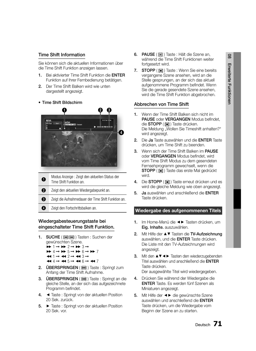 Samsung BD-D8500/EN, BD-D8500/XN, BD-D8200/EN manual Abbrechen von Time Shift, Wiedergabe des aufgenommenen Titels, Stopp 