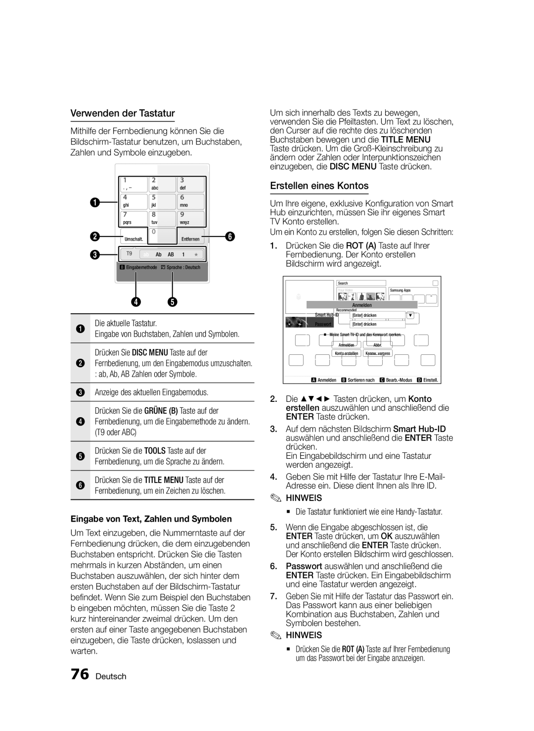 Samsung BD-D8500/ZF, BD-D8500/EN Verwenden der Tastatur, Erstellen eines Kontos, Eingabe von Text, Zahlen und Symbolen 