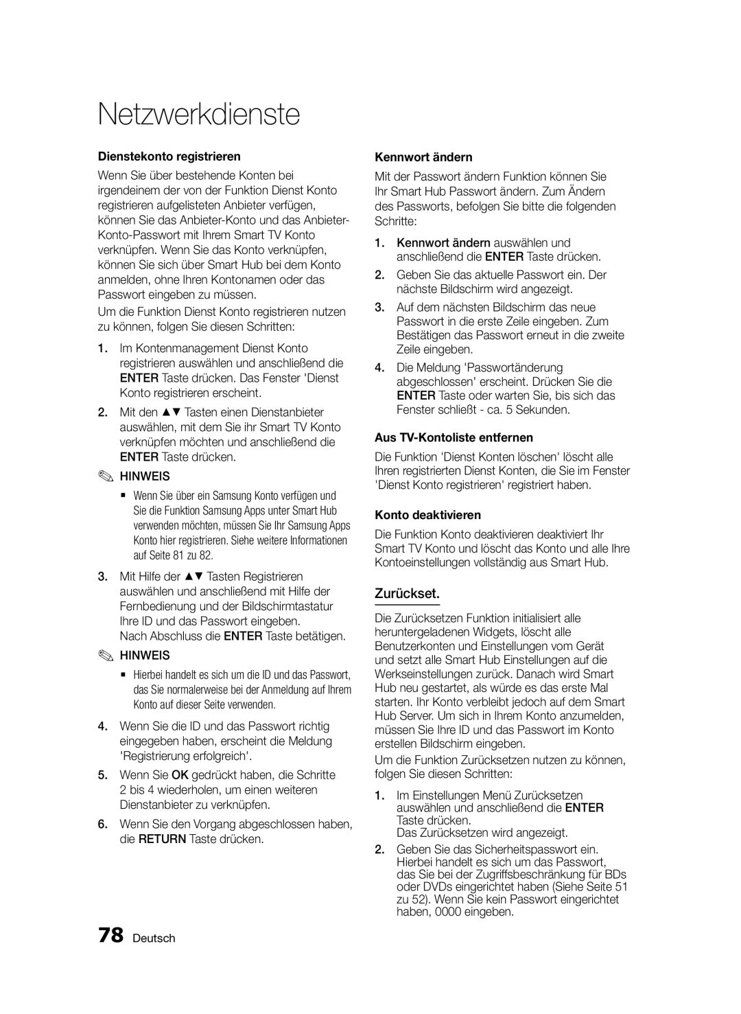 Samsung BD-D8500/XN Zurückset, Dienstekonto registrieren, Kennwort ändern, Aus TV-Kontoliste entfernen, Konto deaktivieren 