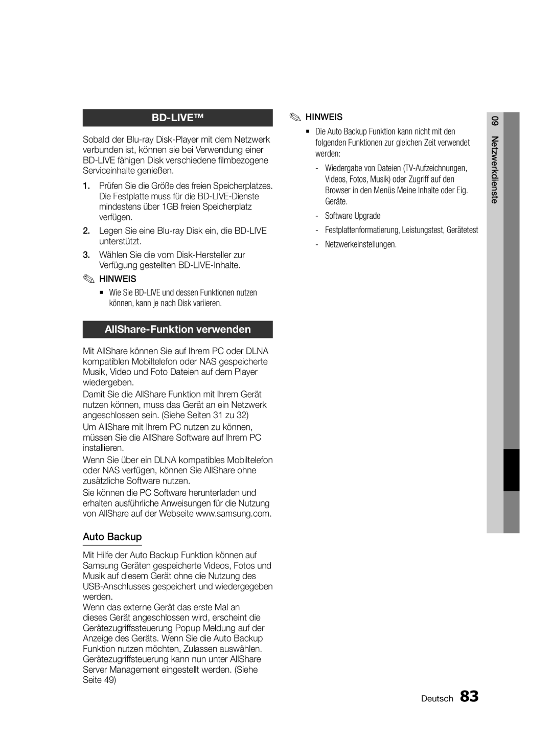 Samsung BD-D8500/EN, BD-D8500/XN, BD-D8200/EN, BD-D8200/XN manual AllShare-Funktion verwenden, Auto Backup, Software Upgrade 