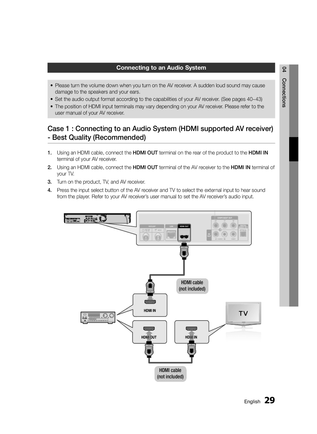 Samsung BD-D8500/ZF, BD-D8500/EN, BD-D8500/XN Connecting to an Audio System, Connections English, Hdmi cable not included 