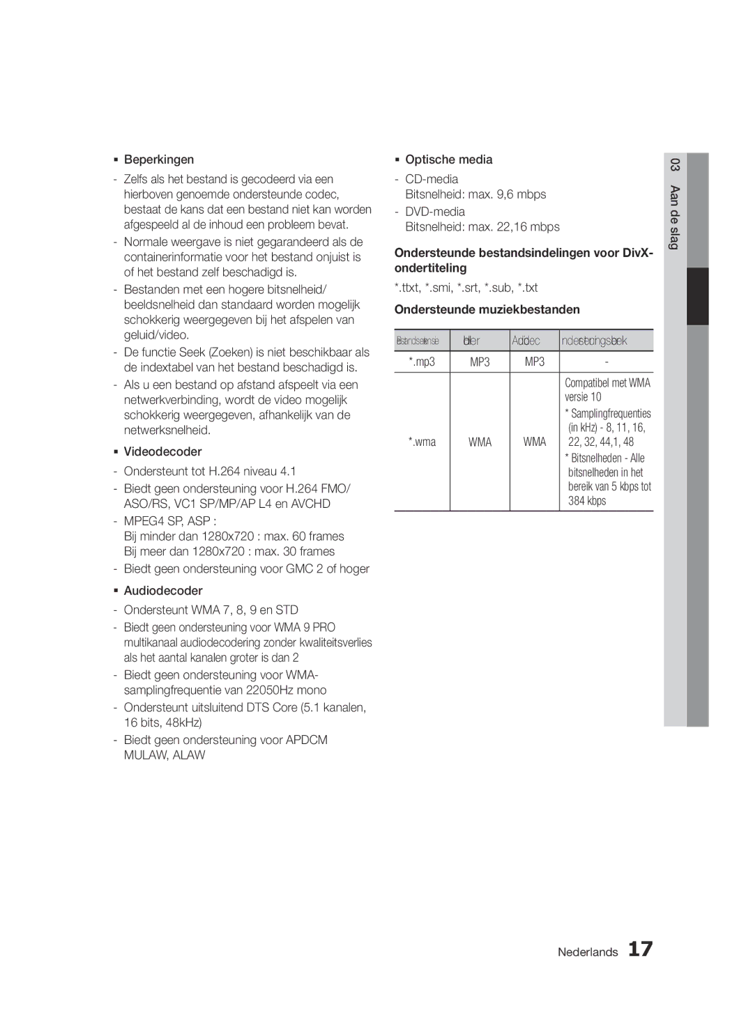 Samsung BD-D8200/ZF ƒƒ Beperkingen, Ondersteunde bestandsindelingen voor DivX- ondertiteling, Ondersteunde muziekbestanden 