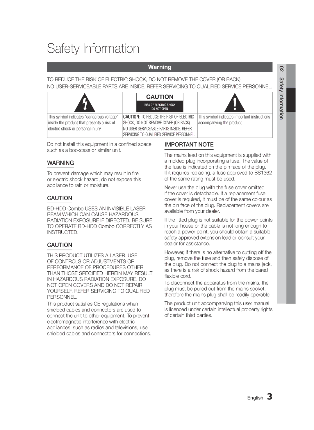 Samsung BD-D8200/XN, BD-D8500/EN, BD-D8500/XN, BD-D8200/EN, BD-D8200/ZF, BD-D8500/ZF manual Safety Information 