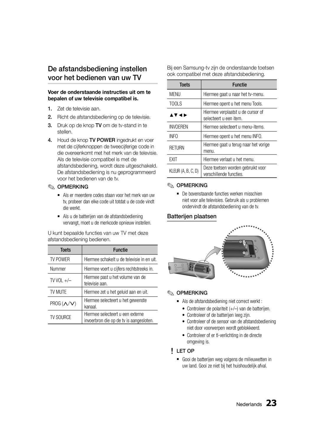 Samsung BD-D8200/ZF, BD-D8500/EN De afstandsbediening instellen voor het bedienen van uw TV, Batterijen plaatsen, Let Op 