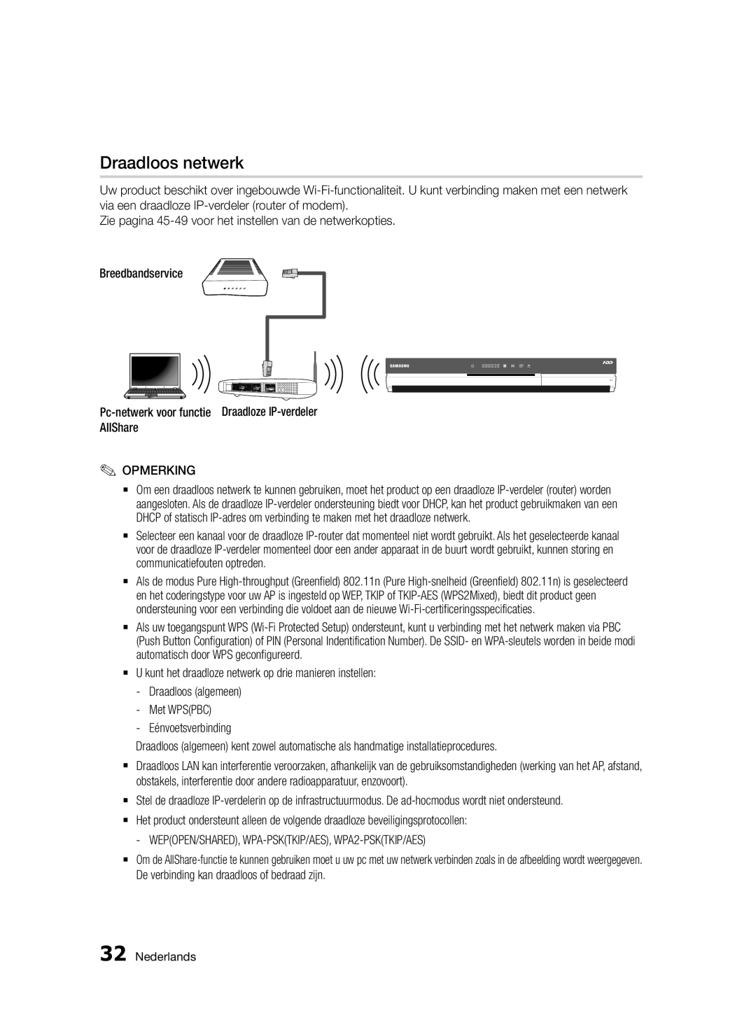 Samsung BD-D8500/XN, BD-D8500/EN, BD-D8200/EN, BD-D8200/XN, BD-D8200/ZF, BD-D8500/ZF manual Draadloos netwerk 