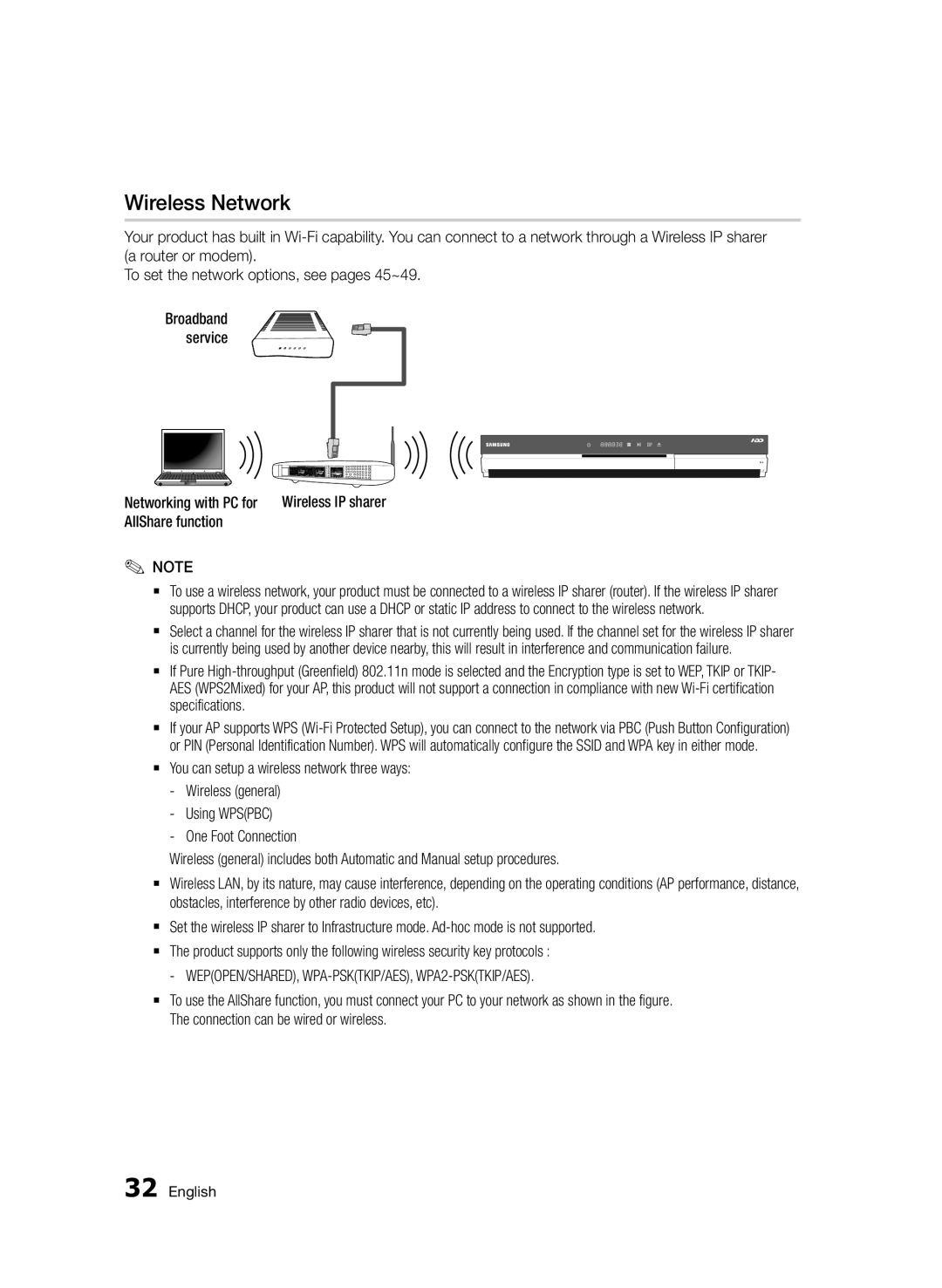 Samsung BD-D8200/EN Wireless Network, Wireless IP sharer, You can setup a wireless network three ways, One Foot Connection 