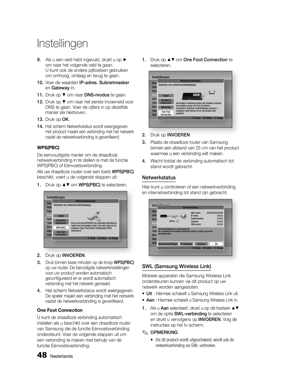 Samsung BD-D8500/ZF manual Netwerkstatus, Druk op om Wpspbc te selecteren, Druk op om One Foot Connection te selecteren 