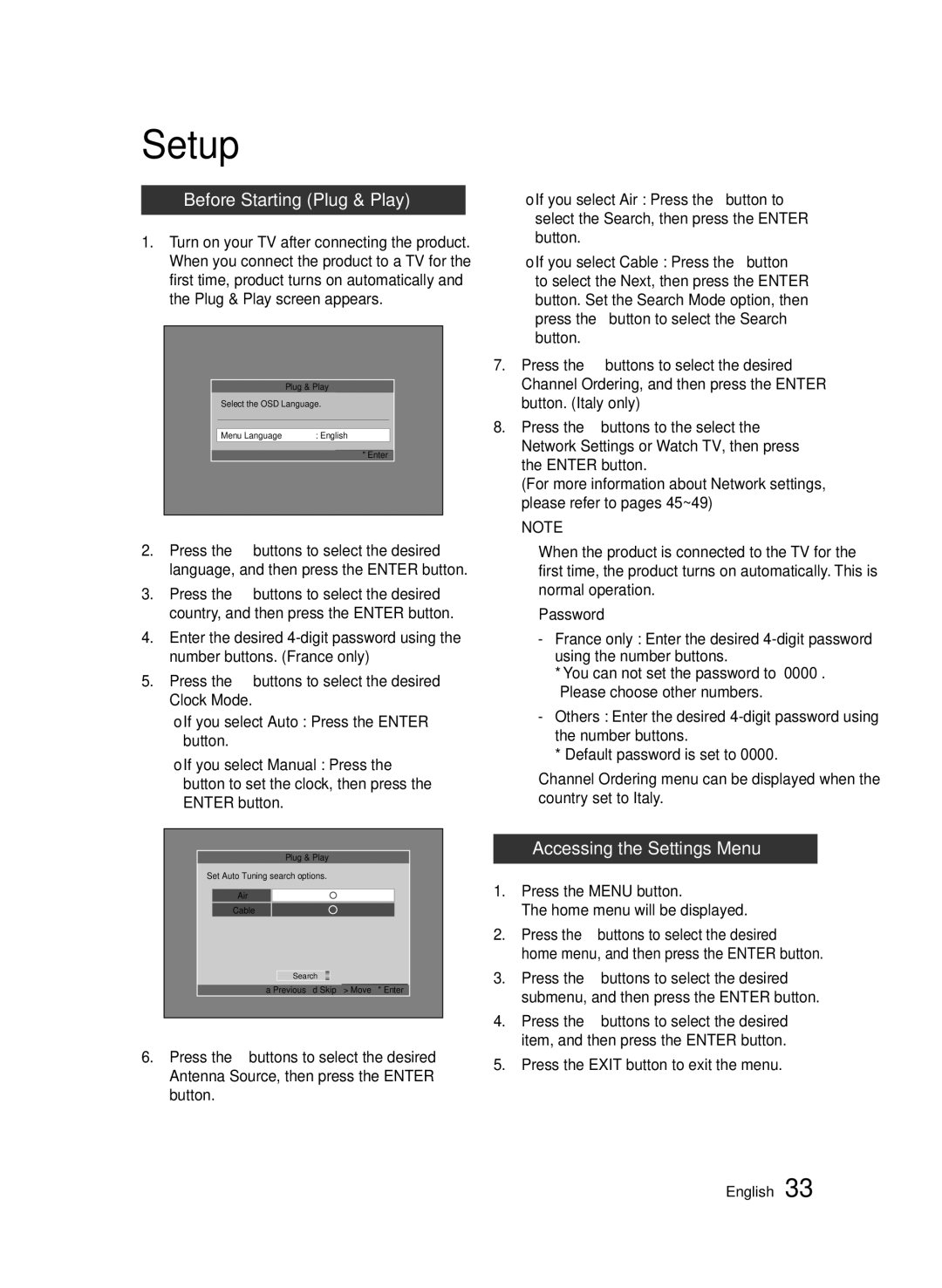 Samsung BD-D8200/XN, BD-D8500/EN, BD-D8500/XN, BD-D8200/EN Setup, Before Starting Plug & Play, Accessing the Settings Menu 