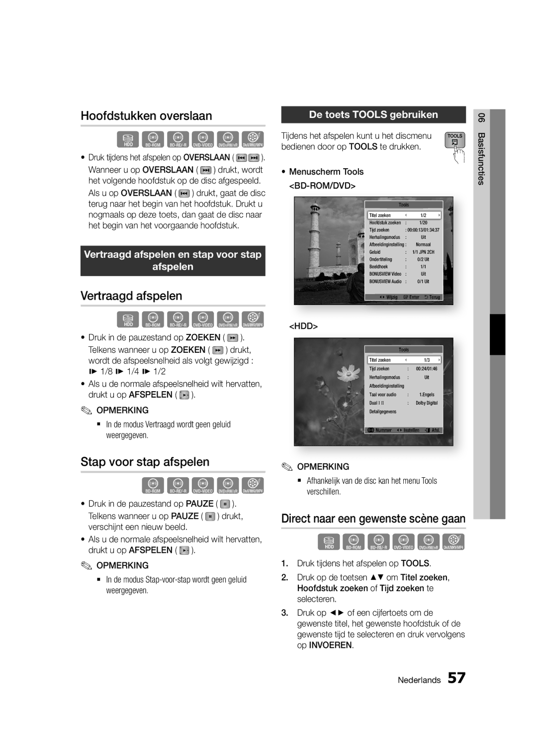 Samsung BD-D8200/EN manual Hoofdstukken overslaan, Vertraagd afspelen, Stap voor stap afspelen, De toets Tools gebruiken 