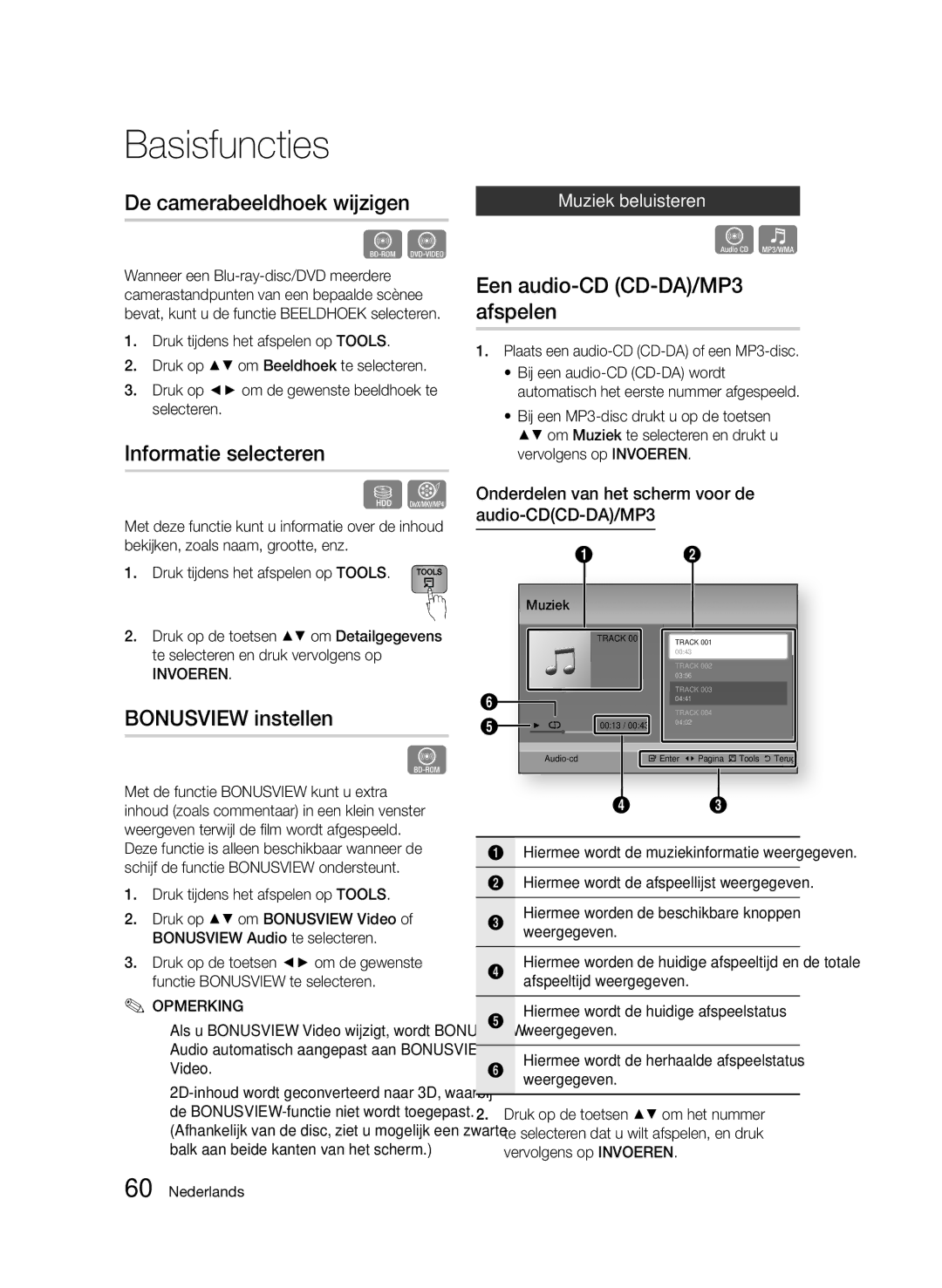 Samsung BD-D8500/ZF manual De camerabeeldhoek wijzigen, Informatie selecteren, Bonusview instellen, Muziek beluisteren 