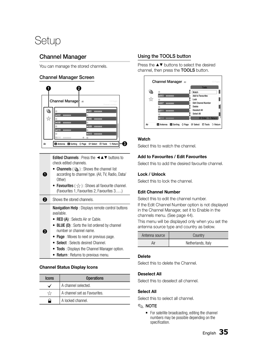 Samsung BD-D8500/ZF, BD-D8500/EN, BD-D8500/XN, BD-D8200/EN, BD-D8200/XN Channel Manager Screen, Using the Tools button 