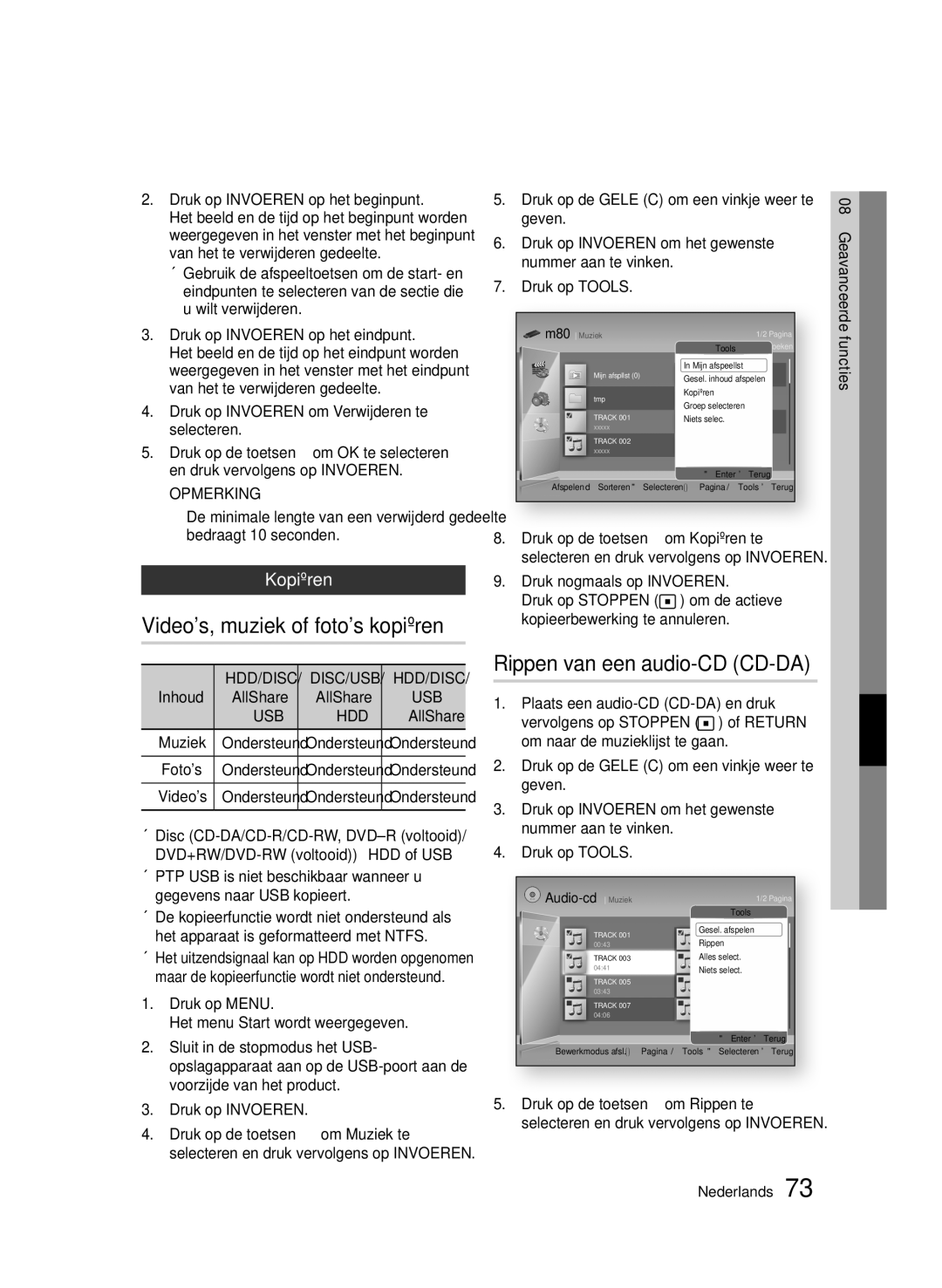 Samsung BD-D8500/EN, BD-D8500/XN, BD-D8200/EN Videos, muziek of fotos kopiëren, Rippen van een audio-CD CD-DA, Kopiëren 