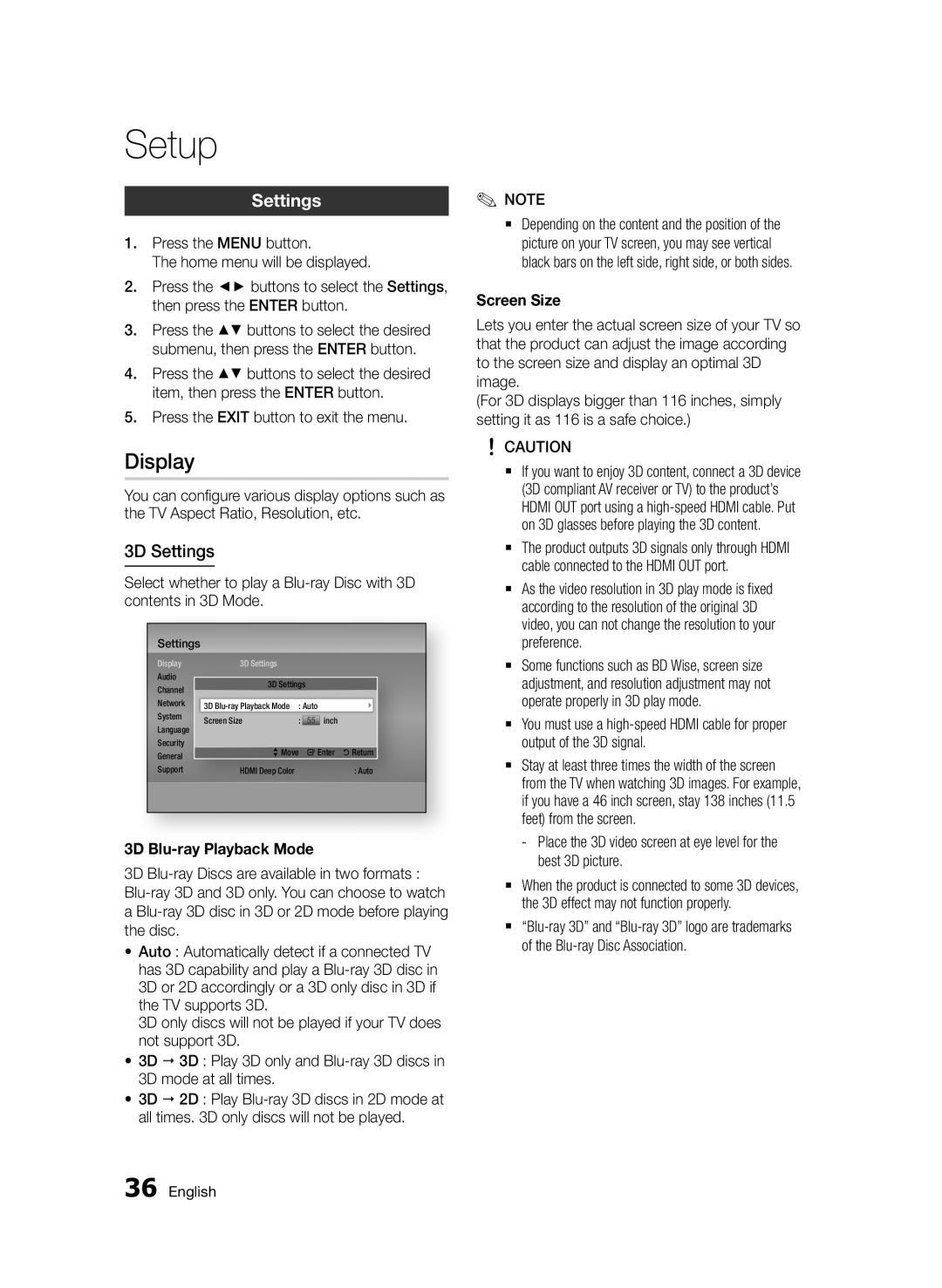 Samsung BD-D8500/EN, BD-D8500/XN, BD-D8200/EN, BD-D8200/XN Display, 3D Settings, 3D Blu-ray Playback Mode, Screen Size 