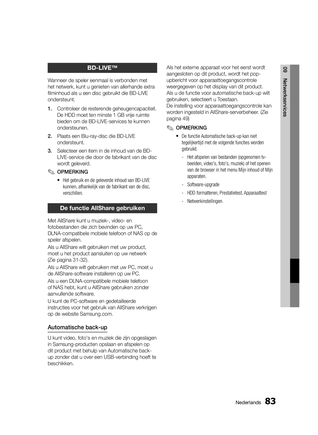 Samsung BD-D8200/ZF, BD-D8500/EN, BD-D8500/XN manual De functie AllShare gebruiken, Automatische back-up, Software-upgrade 
