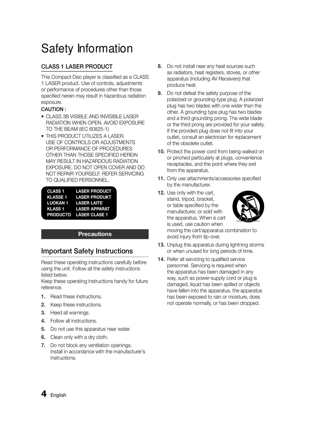 Samsung BD-D8200/ZF, BD-D8500/EN, BD-D8500/XN, BD-D8200/EN Important Safety Instructions, Class 1 Laser product, Precautions 