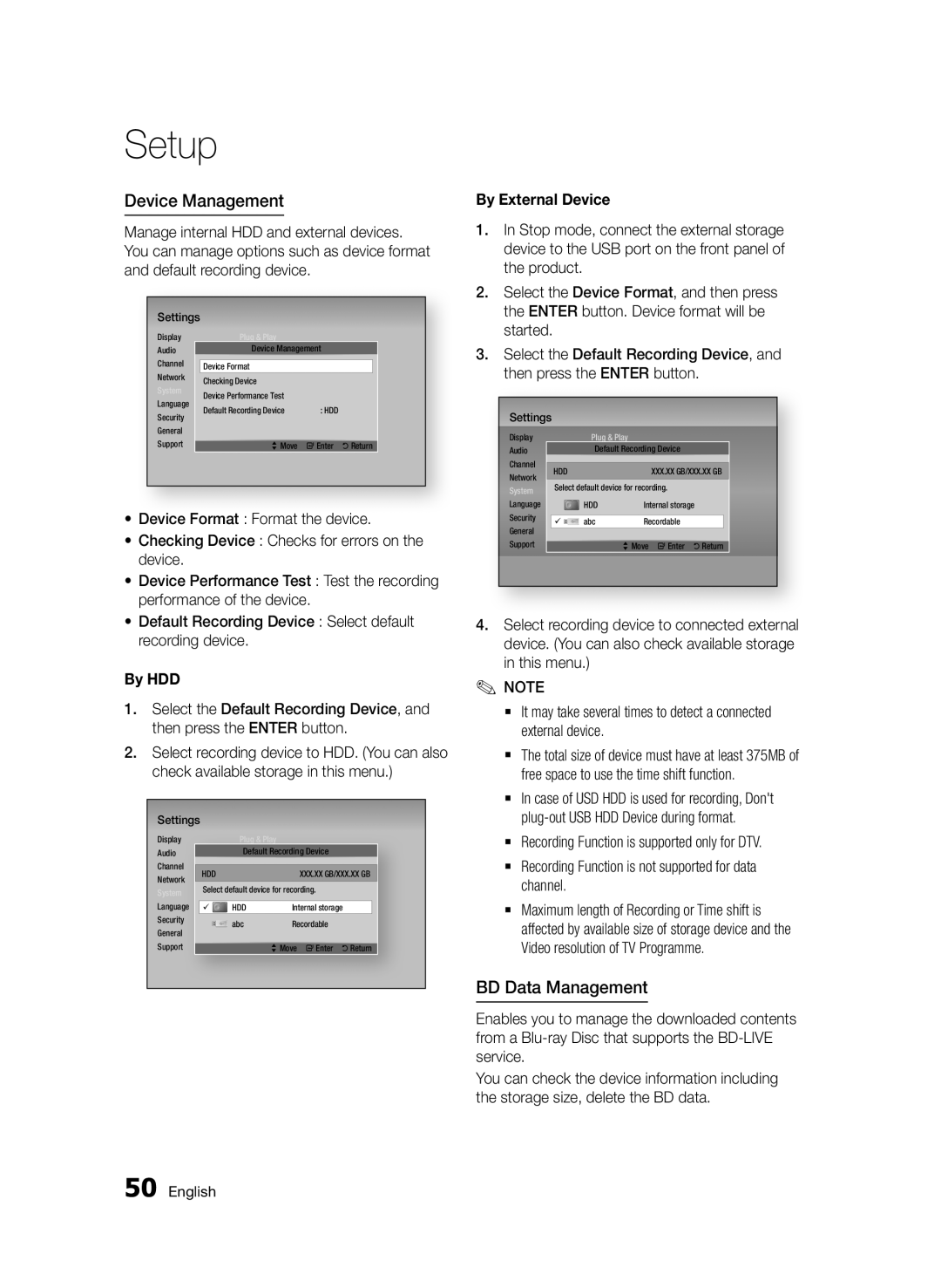 Samsung BD-D8200/EN, BD-D8500/EN, BD-D8500/XN, BD-D8200/XN Device Management, BD Data Management, By HDD, By External Device 