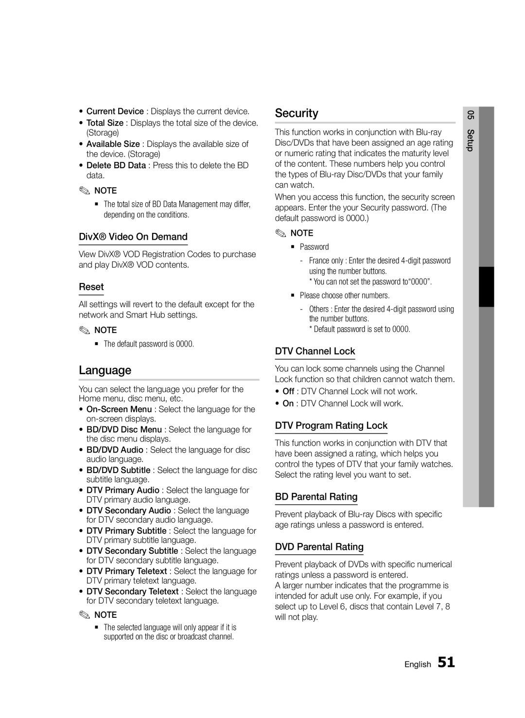 Samsung BD-D8200/XN, BD-D8500/EN, BD-D8500/XN, BD-D8200/EN, BD-D8200/ZF, BD-D8500/ZF manual Language, Security 