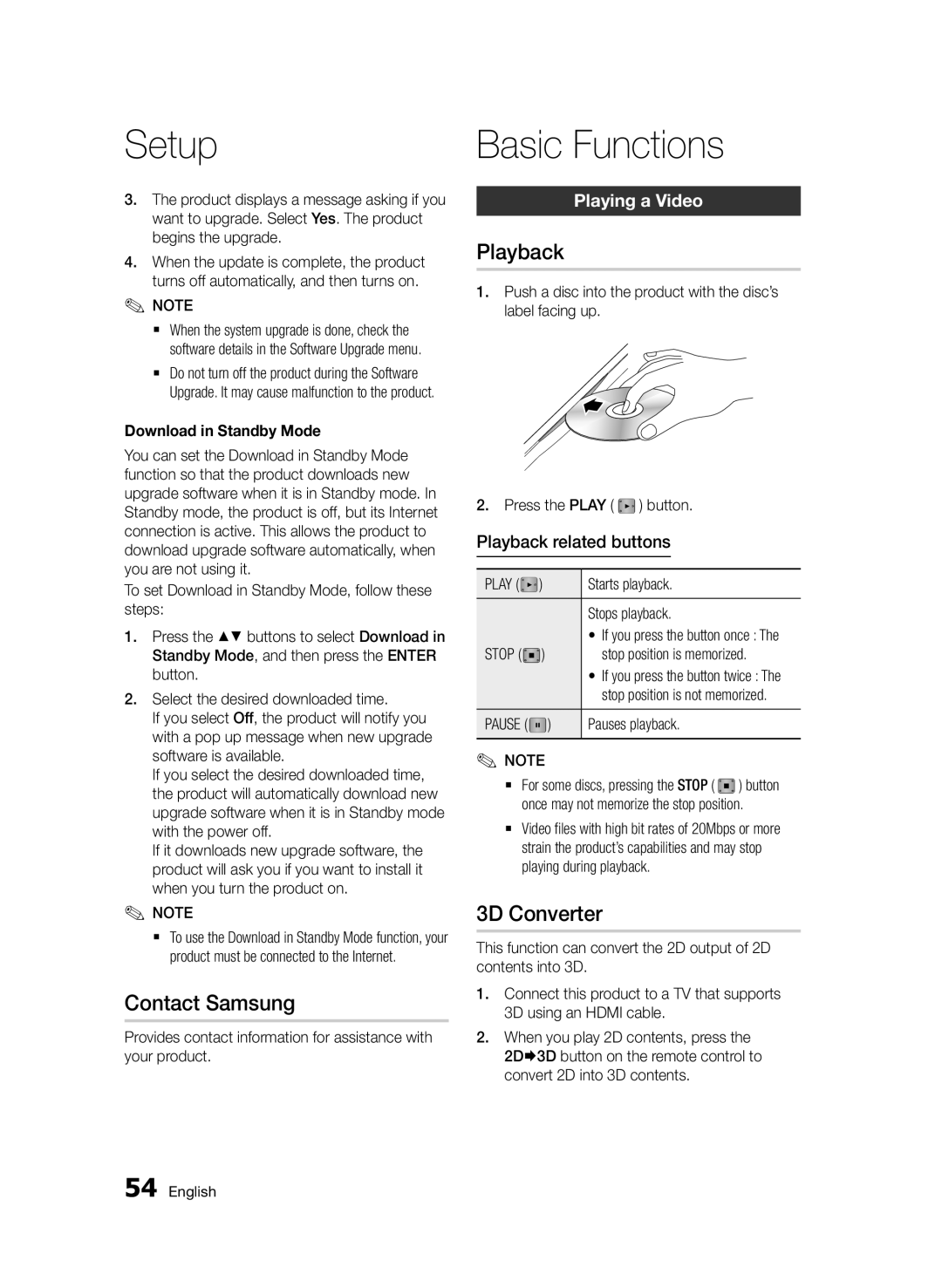 Samsung BD-D8500/EN, BD-D8500/XN, BD-D8200/EN Basic Functions, Contact Samsung, Playback, 3D Converter, Playing a Video 