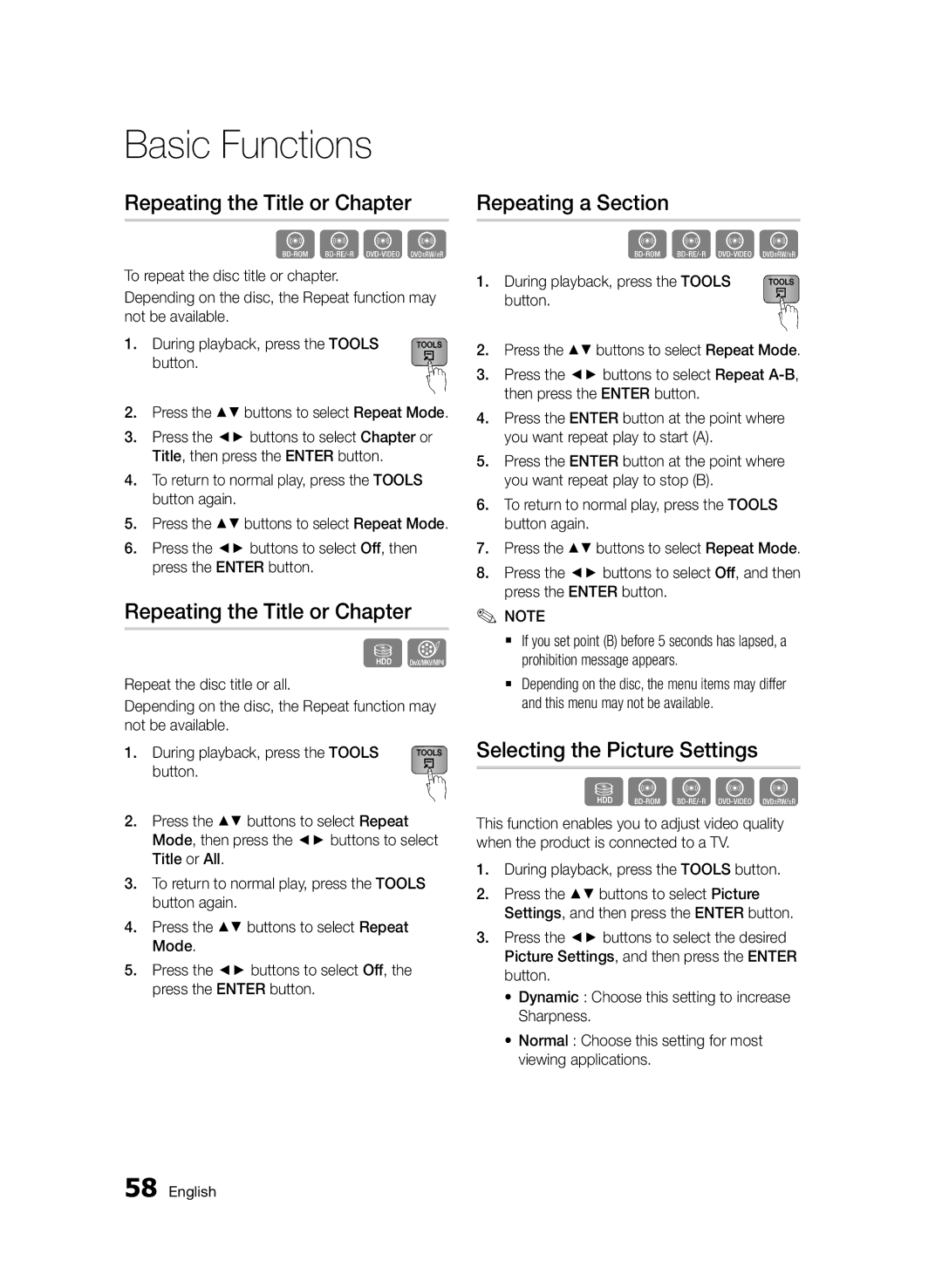 Samsung BD-D8200/ZF, BD-D8500/EN manual Repeating the Title or Chapter, Repeating a Section, Selecting the Picture Settings 