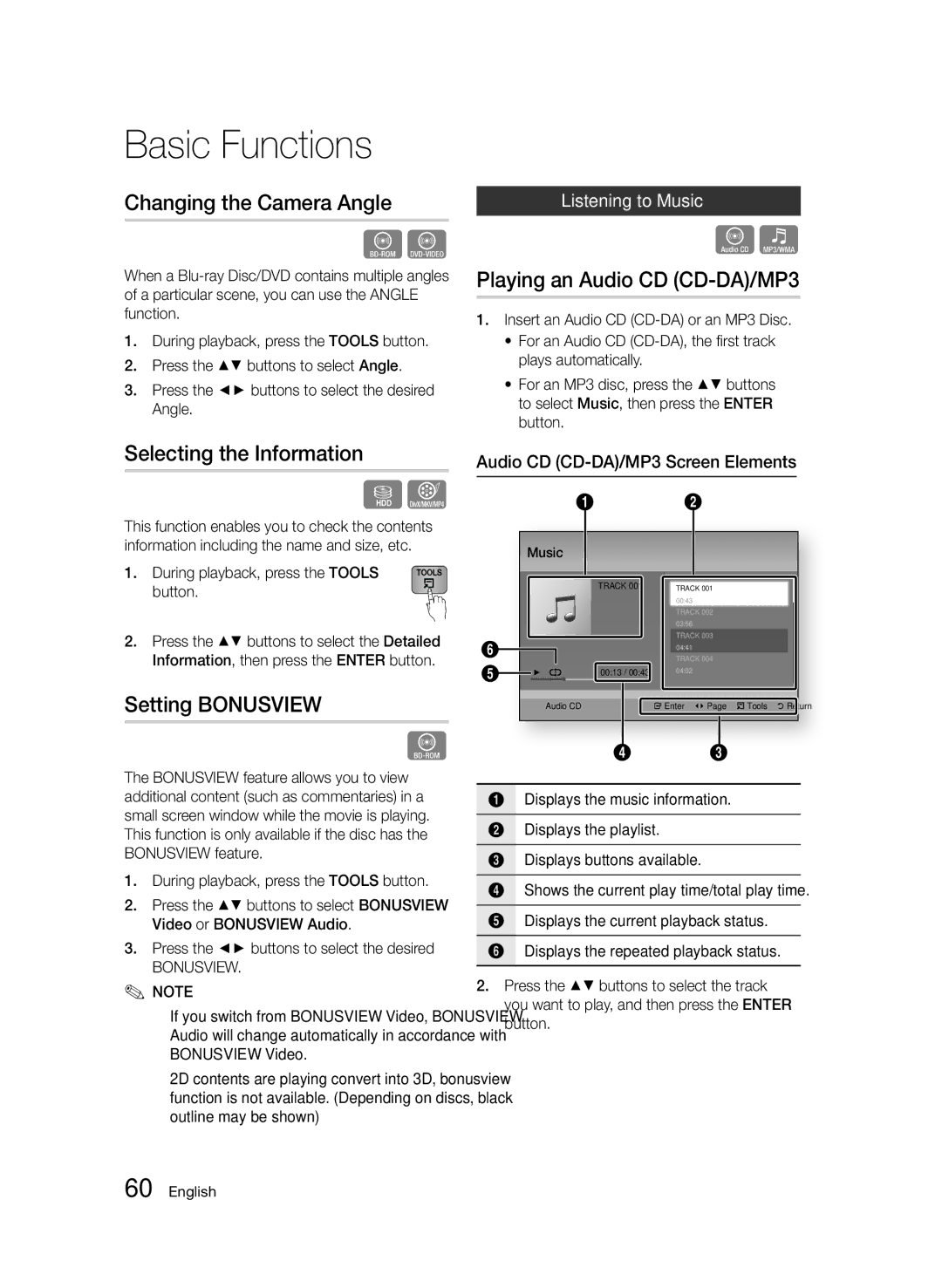 Samsung BD-D8500/EN Changing the Camera Angle, Selecting the Information, Setting Bonusview, Playing an Audio CD CD-DA/MP3 