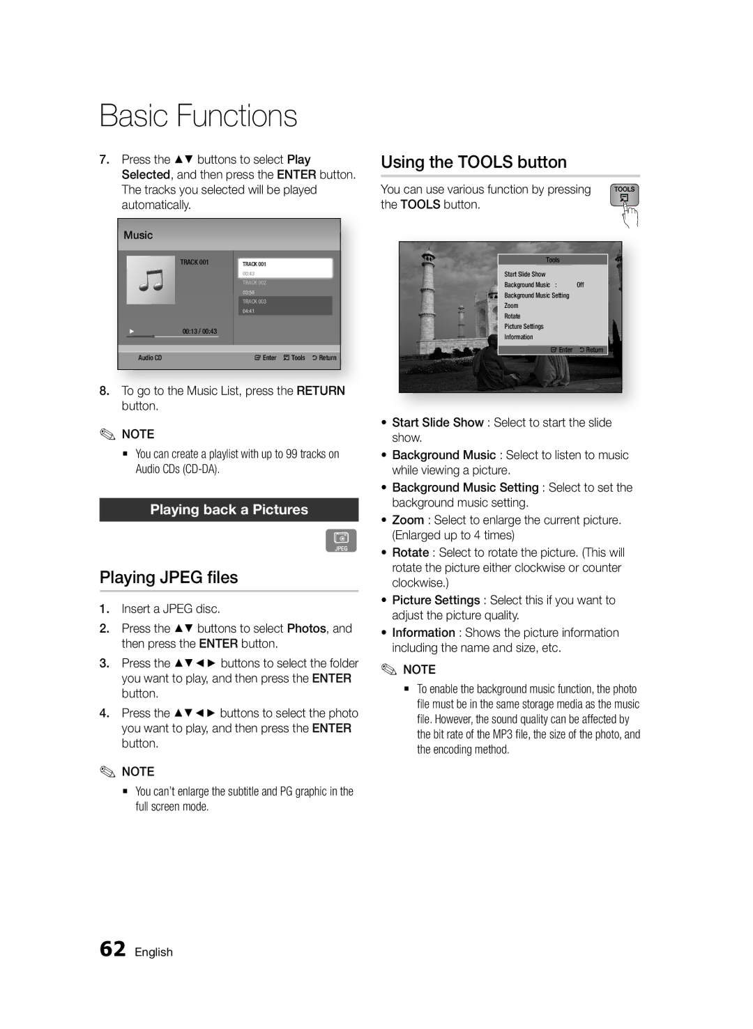 Samsung BD-D8200/EN, BD-D8500/EN, BD-D8500/XN manual Playing Jpeg files, Using the Tools button, Playing back a Pictures 