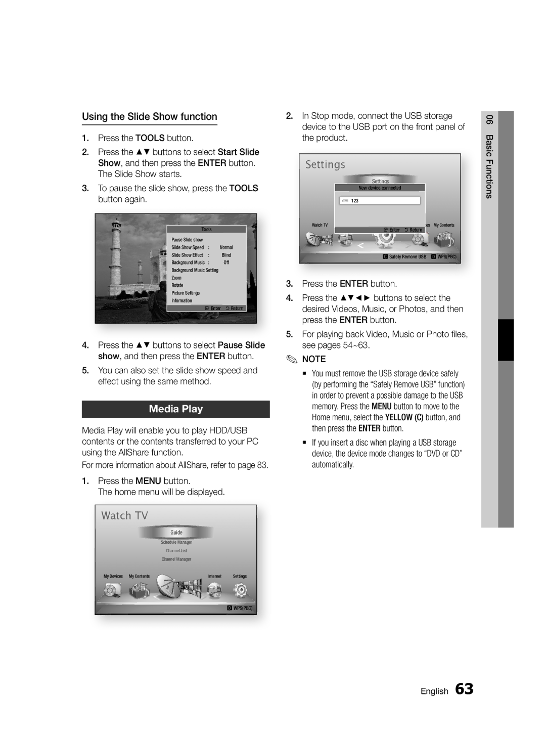 Samsung BD-D8200/XN, BD-D8500/EN Using the Slide Show function, Media Play, Stop mode, connect the USB storage, Product 